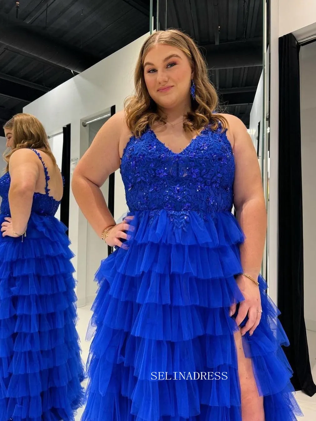 Royal Blue A-line Lace Long Prom Dress With Ruffle Skirt Evening Dress sew1036