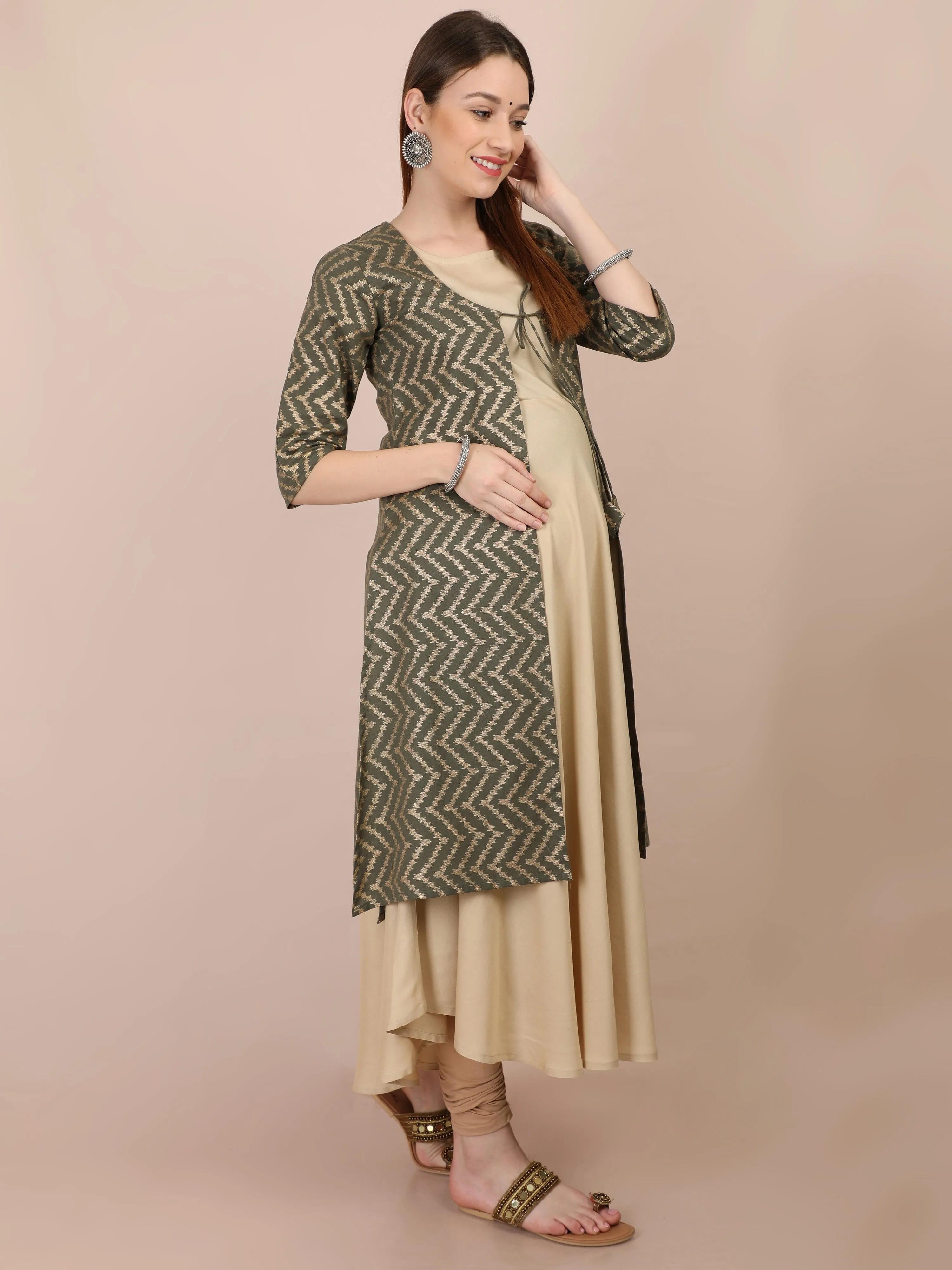 Sage Green Gold Print Maternity and Nursing Kurti