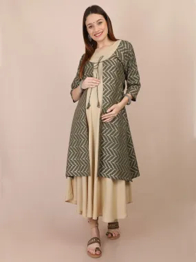 Sage Green Gold Print Maternity and Nursing Kurti