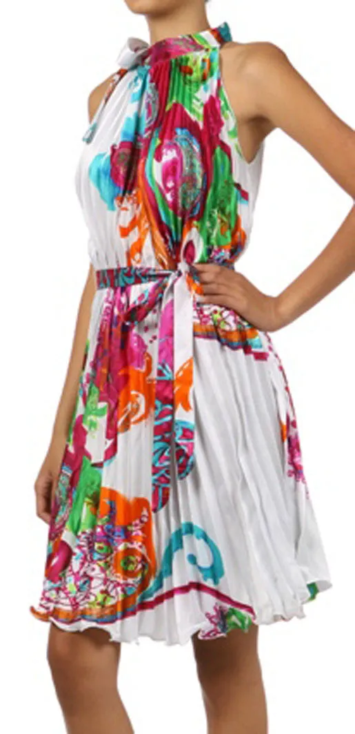 Satin Pleated Short Sleeveless Dress with Paisley Design