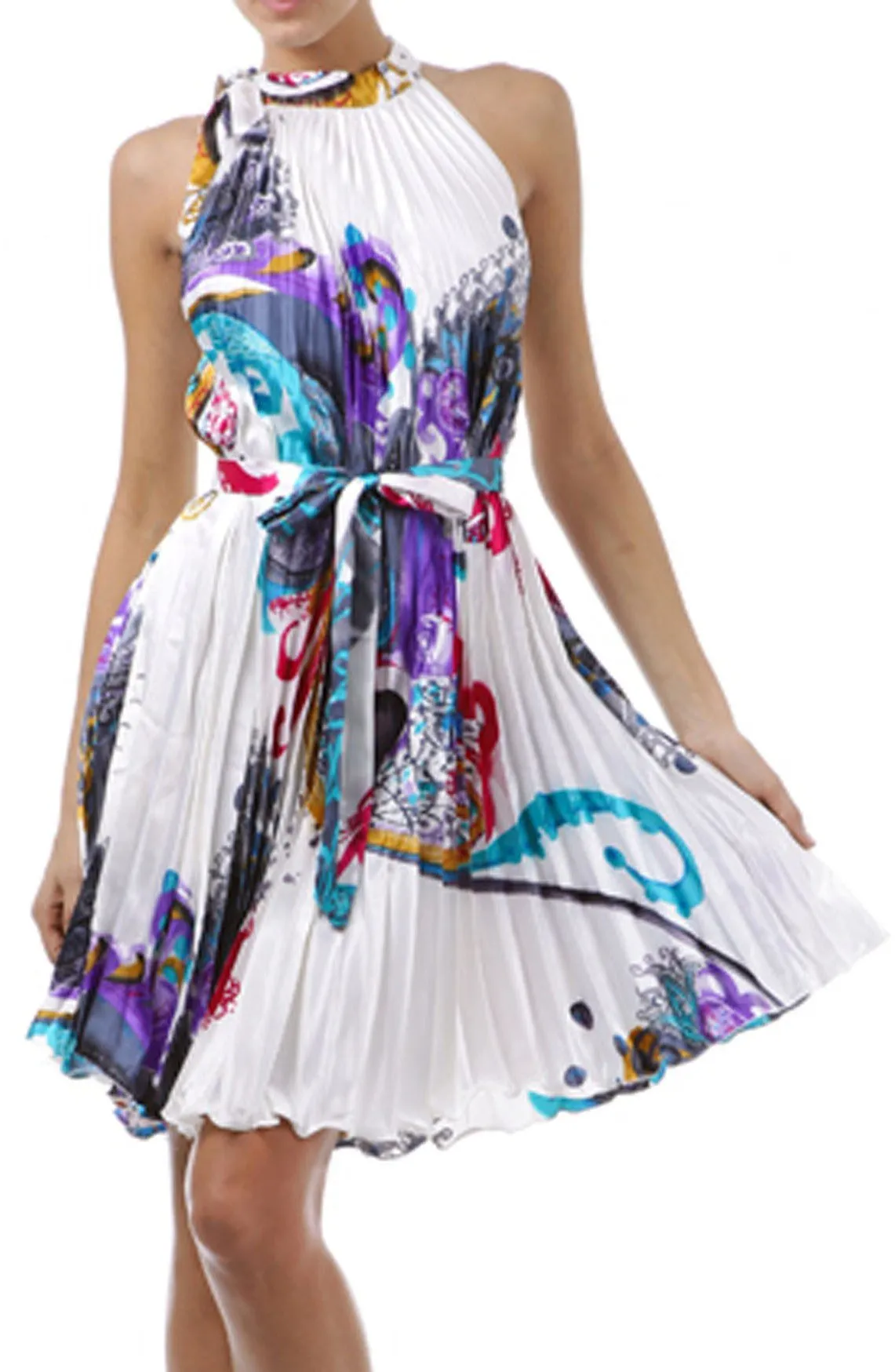 Satin Pleated Short Sleeveless Dress with Paisley Design