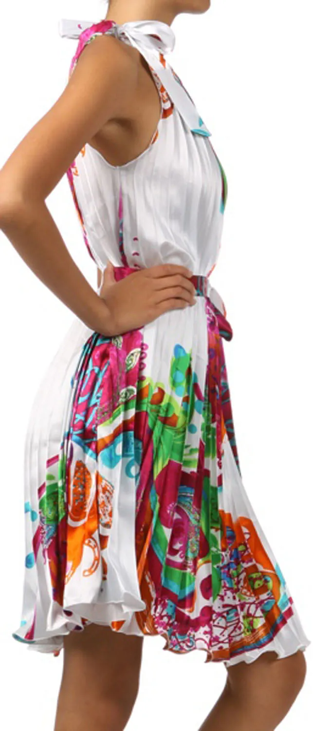 Satin Pleated Short Sleeveless Dress with Paisley Design