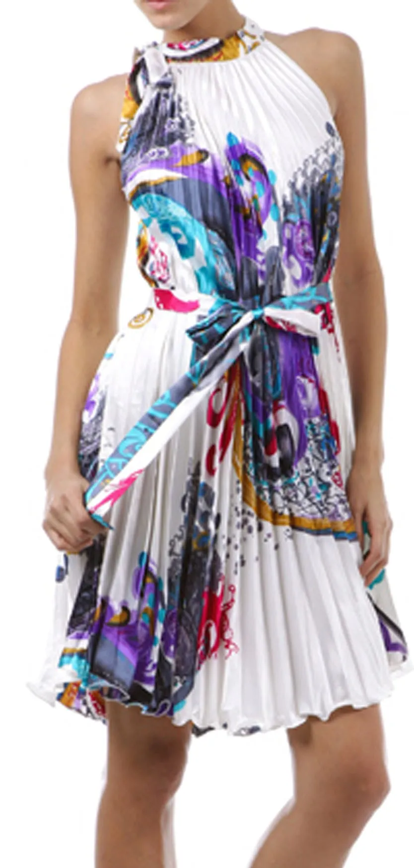 Satin Pleated Short Sleeveless Dress with Paisley Design