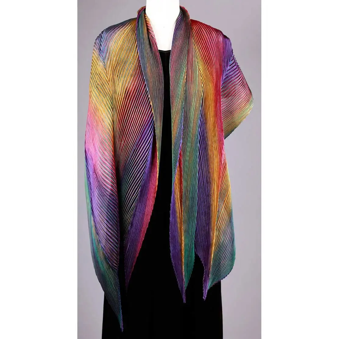 Shibori Silk Shawl SA-303 in Dark Green, Orange, Red, and Purple by Cathayana