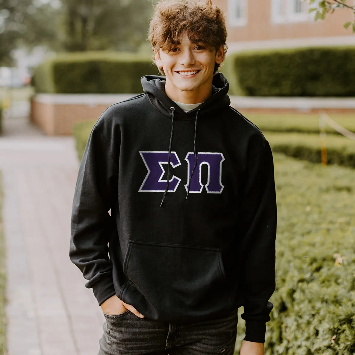 Sigma Pi Black Hoodie with Sewn On Greek Letters