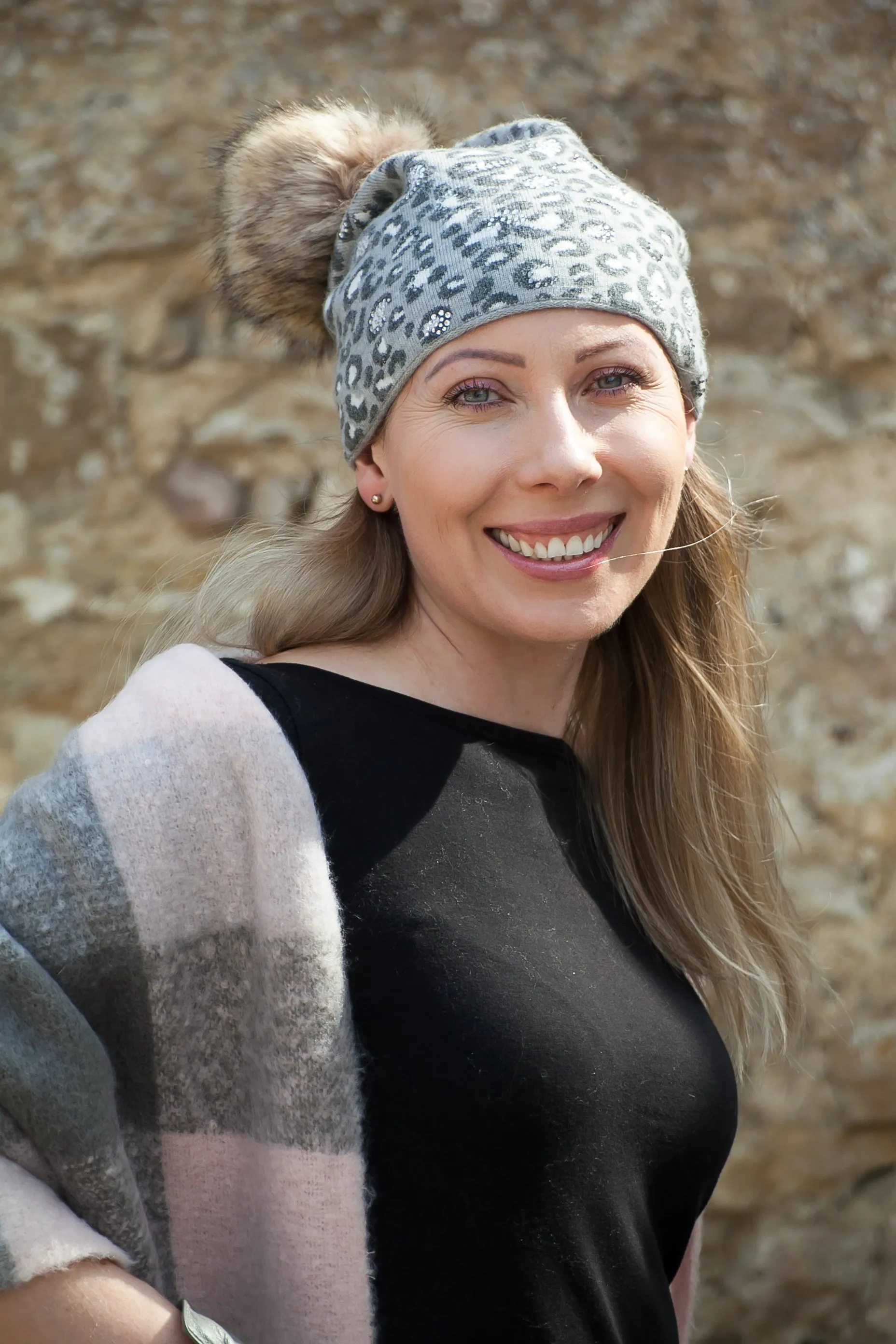 SIRI (Hat) - Sparkly Leopard Pom Pom Hat (has matching glove)  (Faux fur pom)