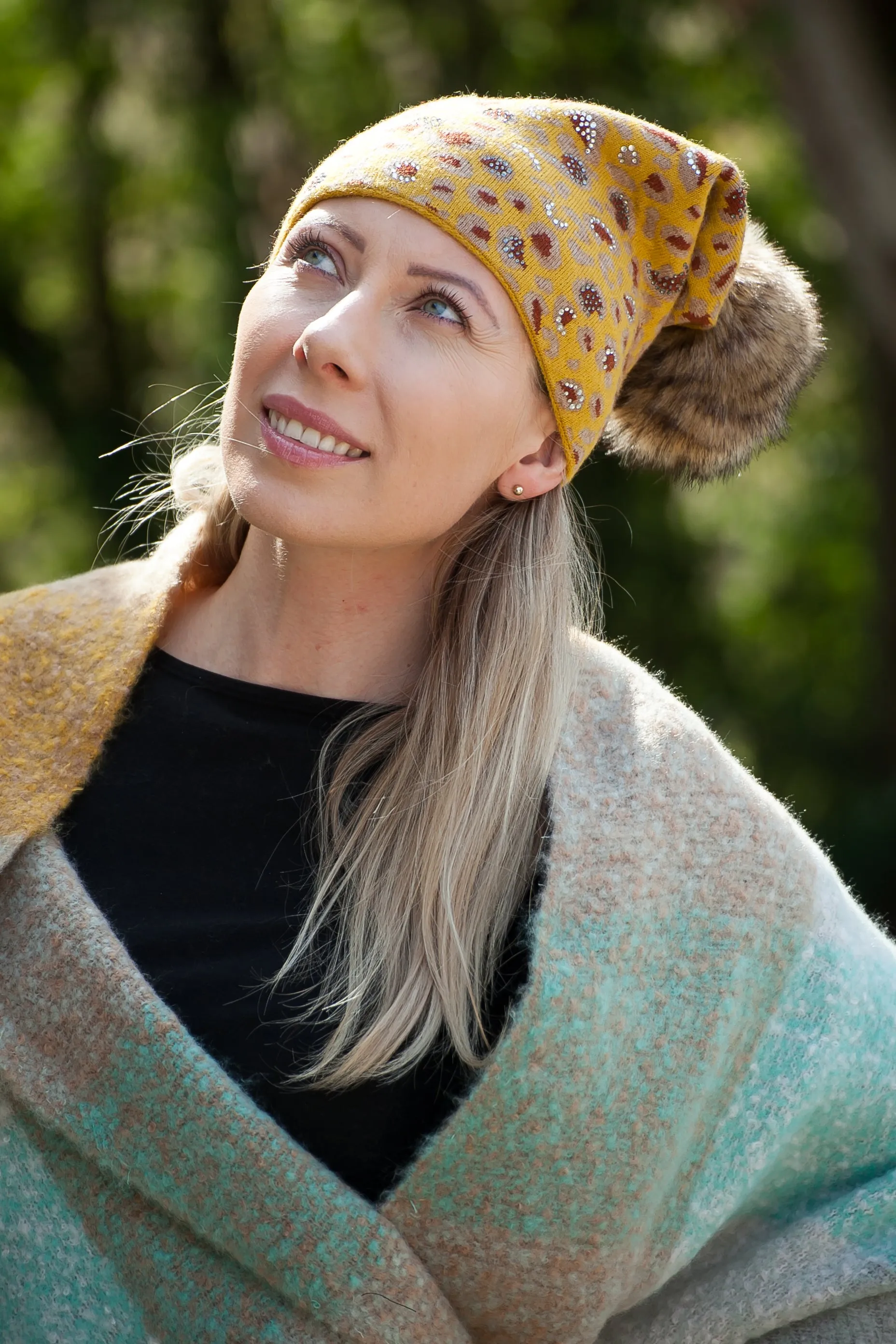 SIRI (Hat) - Sparkly Leopard Pom Pom Hat (has matching glove)  (Faux fur pom)