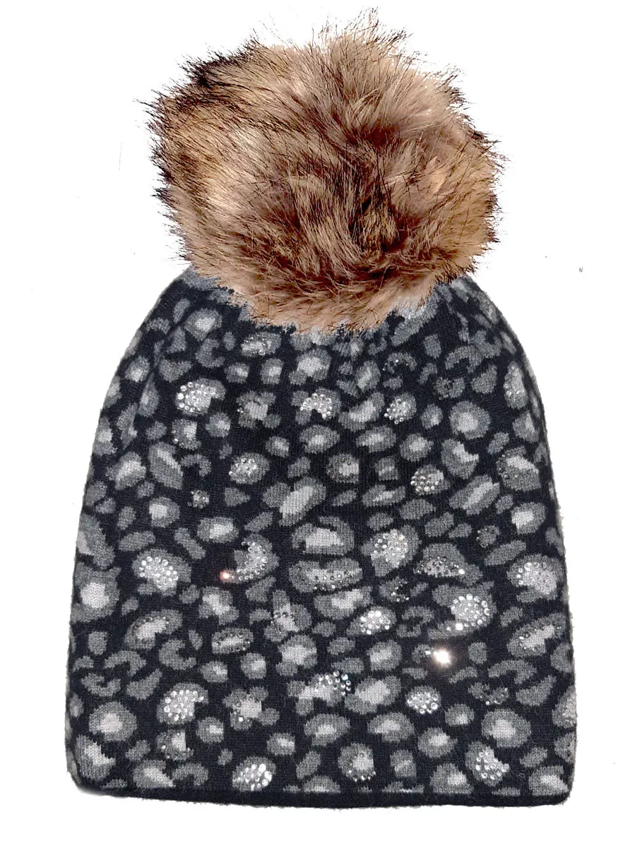 SIRI (Hat) - Sparkly Leopard Pom Pom Hat (has matching glove)  (Faux fur pom)