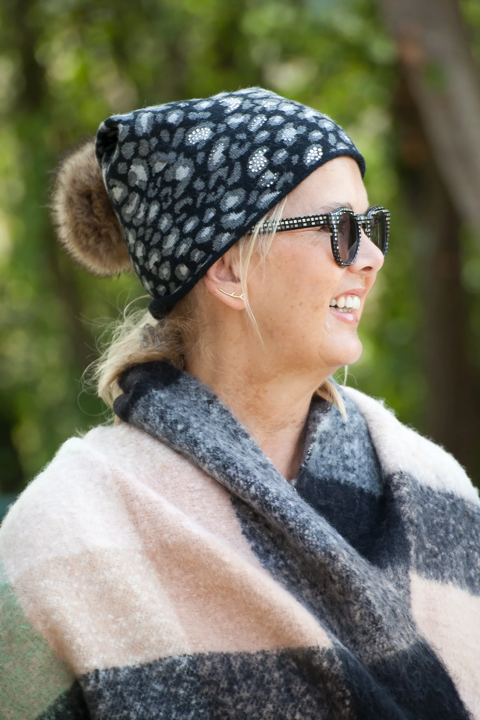 SIRI (Hat) - Sparkly Leopard Pom Pom Hat (has matching glove)  (Faux fur pom)