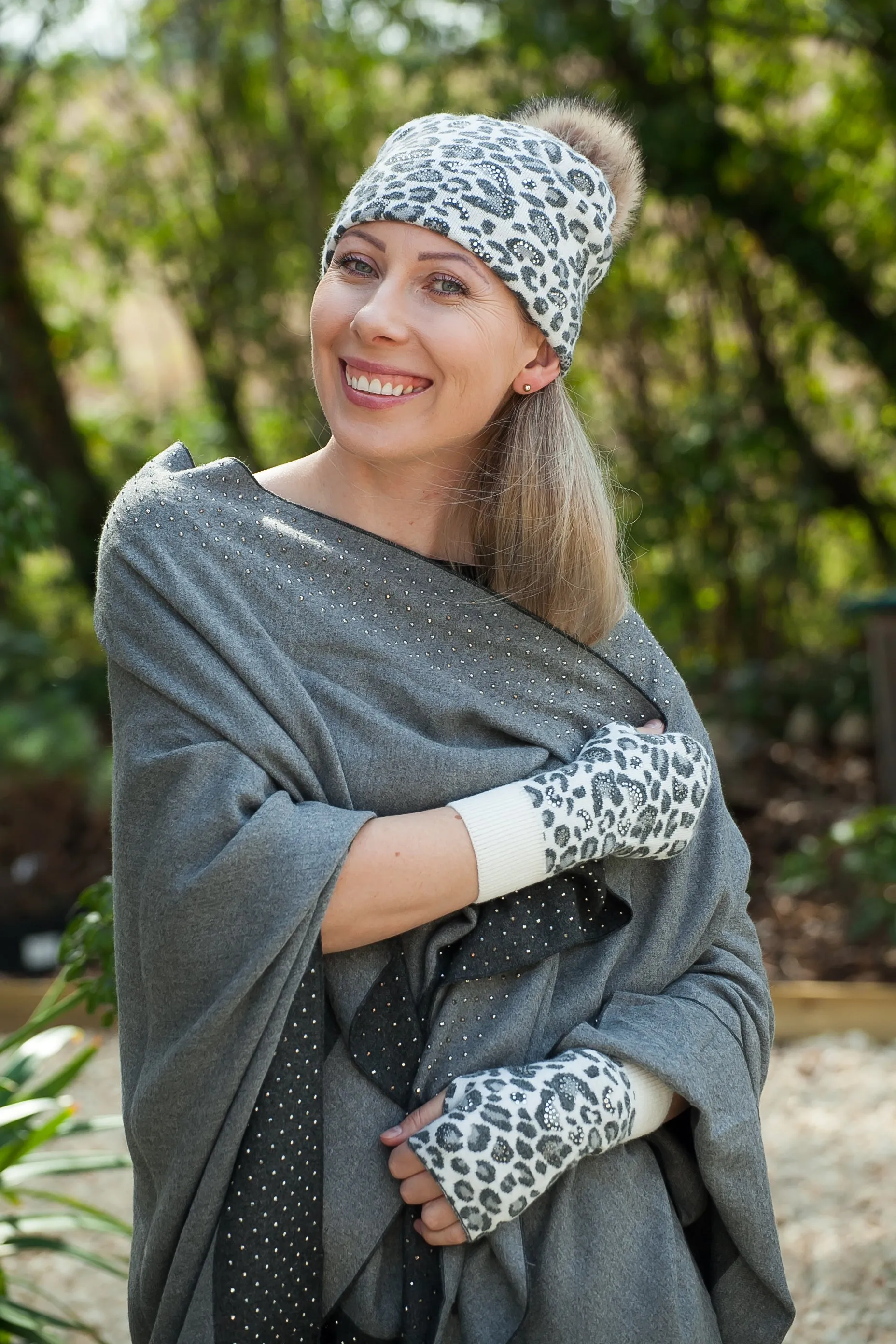 SIRI (Hat) - Sparkly Leopard Pom Pom Hat (has matching glove)  (Faux fur pom)