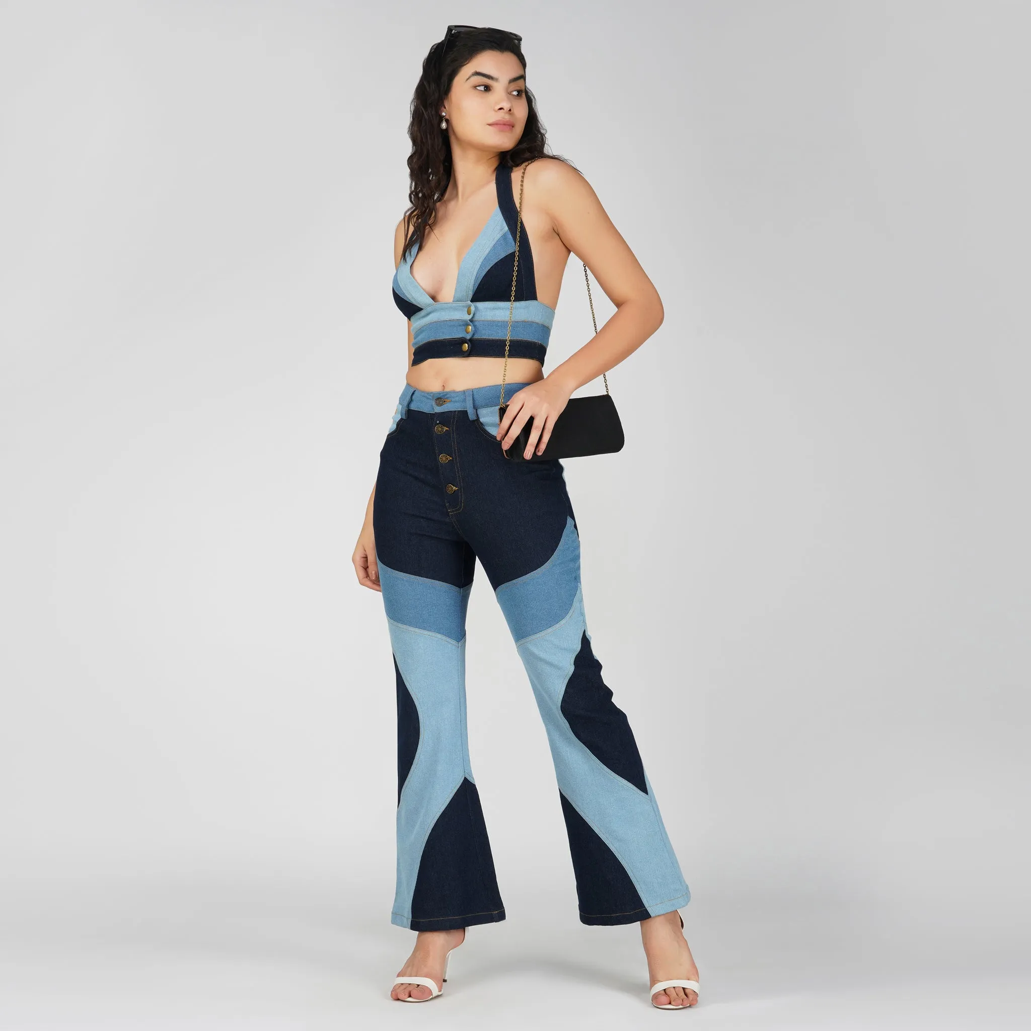 SLAY. Women's 3 Way Acid Wash Colorblock Denim Bikini Bralette Top & Flare Jeans Co ord Set(Stretch Fabric)