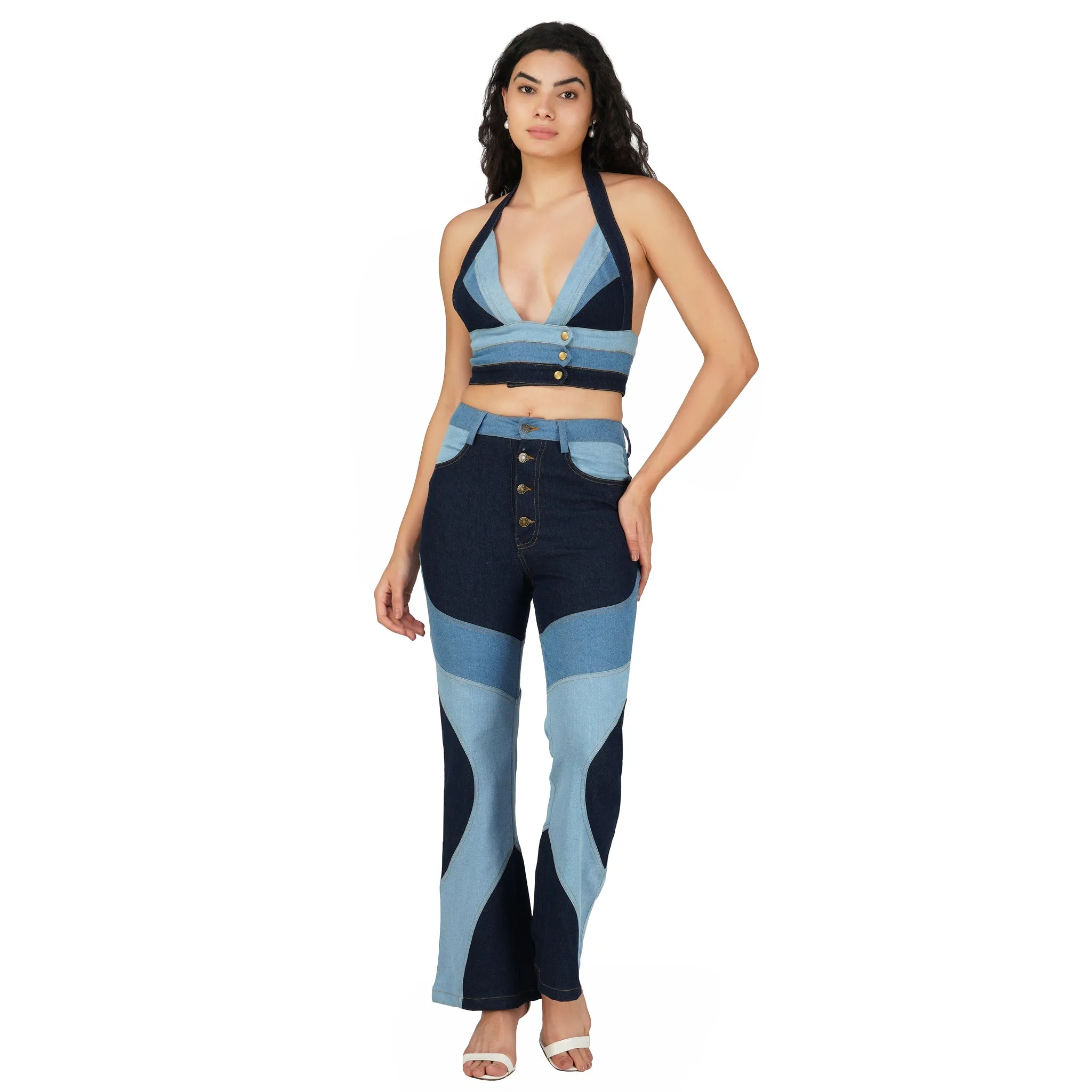 SLAY. Women's 3 Way Acid Wash Colorblock Denim Bikini Bralette Top & Flare Jeans Co ord Set(Stretch Fabric)