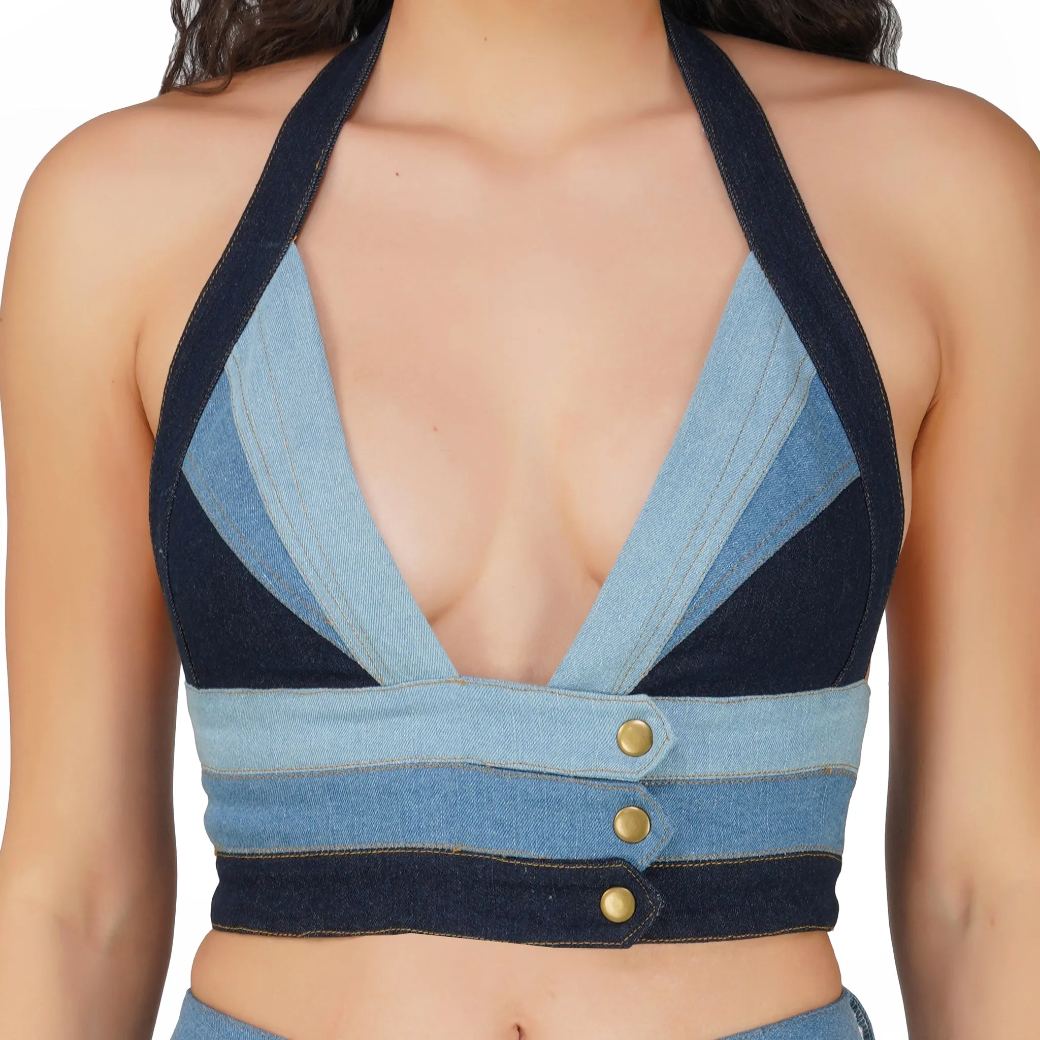 SLAY. Women's 3 Way Acid Wash Colorblock Denim Bikini Bralette Top & Flare Jeans Co ord Set(Stretch Fabric)