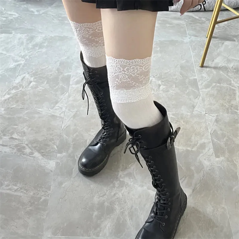 Sohiwoo Stockings Woman Thick Knit Solid Color Lace Leg Warmers Thigh High Socks Autumn and Winter Sweet Long Black Socks for Women