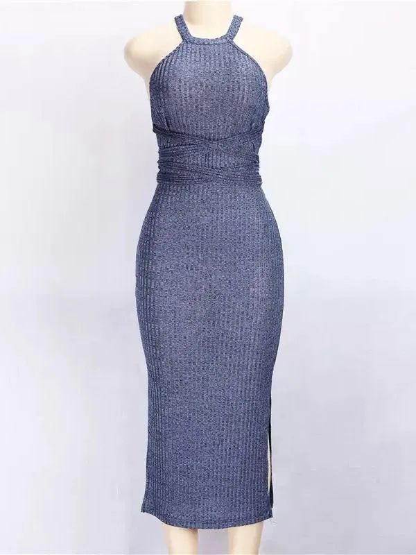 Solid Color Three Seasons Sexy Slim Extended Sleeveless Backless Long Dress