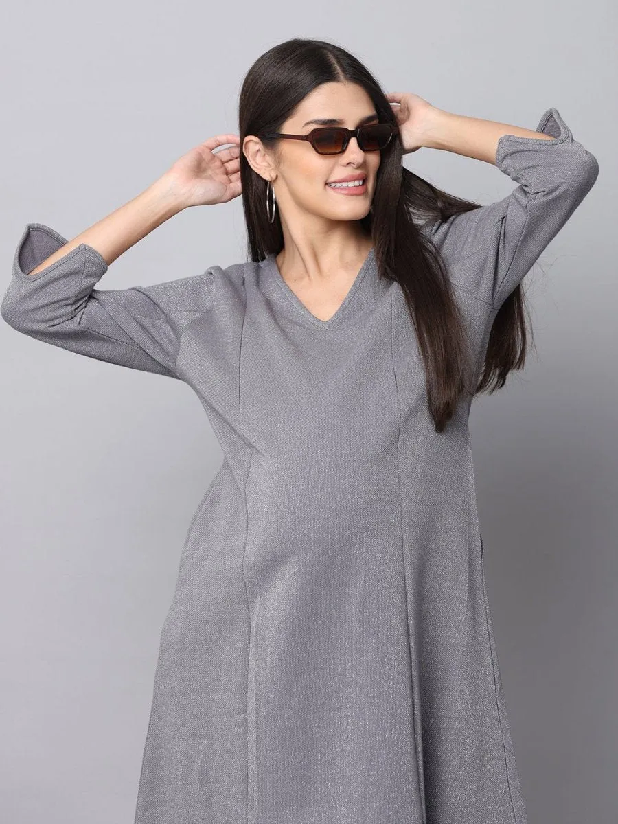 Sparkling Silver Maternity Sweater Dress With Nursing