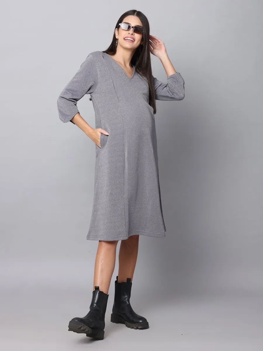 Sparkling Silver Maternity Sweater Dress With Nursing