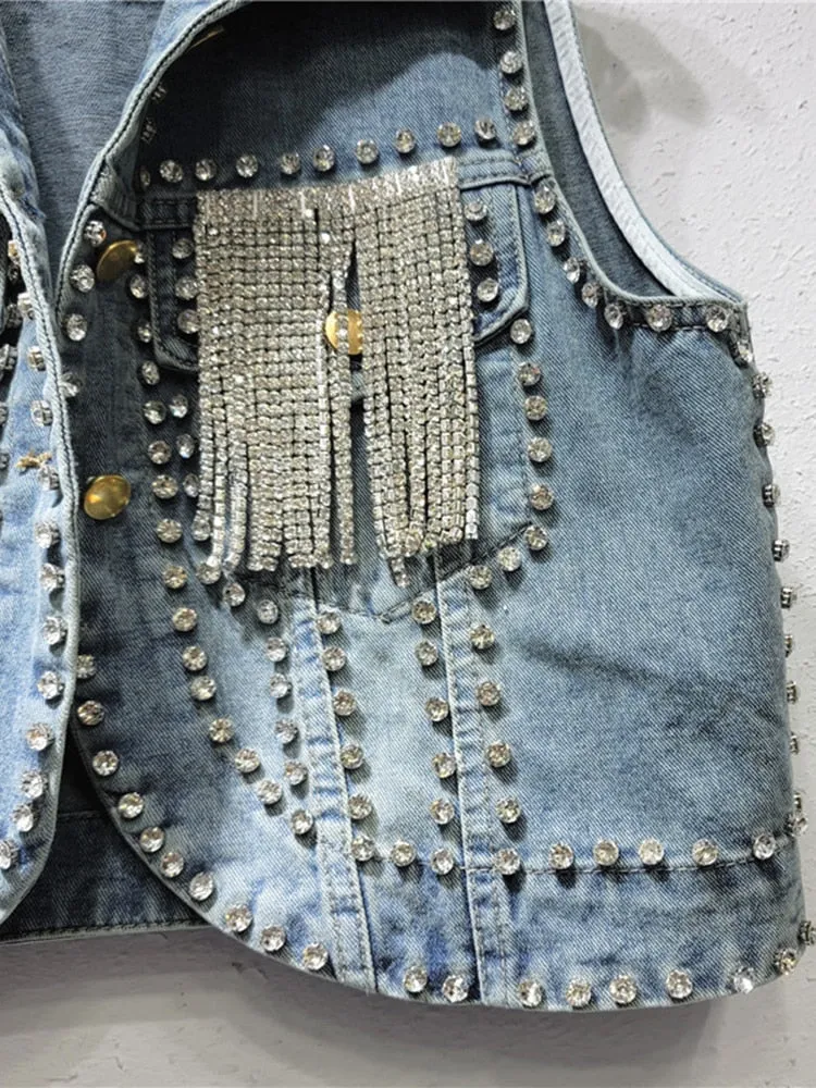 Spliced Tassel Denim Waistcoats For Women Lapel Sleeveless Patchwork Diamond Chic Loose Waistcoat Female Fashion