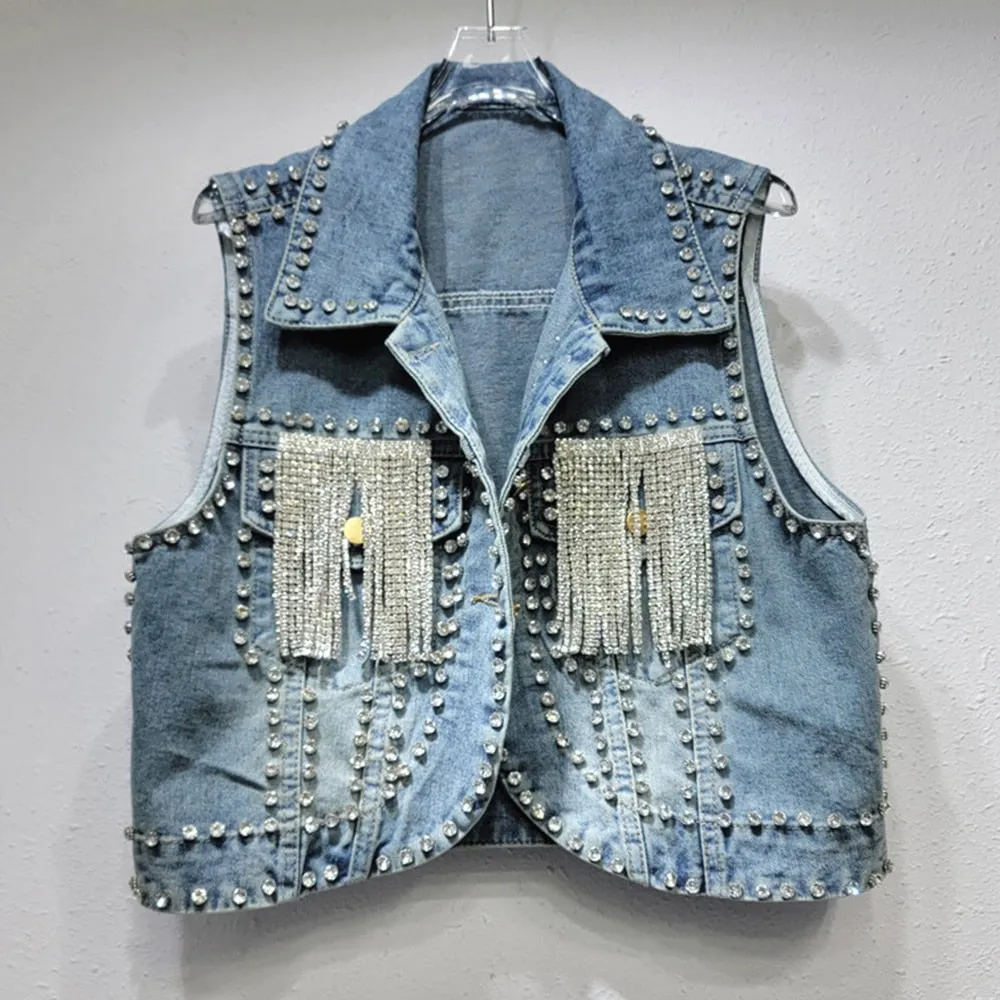 Spliced Tassel Denim Waistcoats For Women Lapel Sleeveless Patchwork Diamond Chic Loose Waistcoat Female Fashion