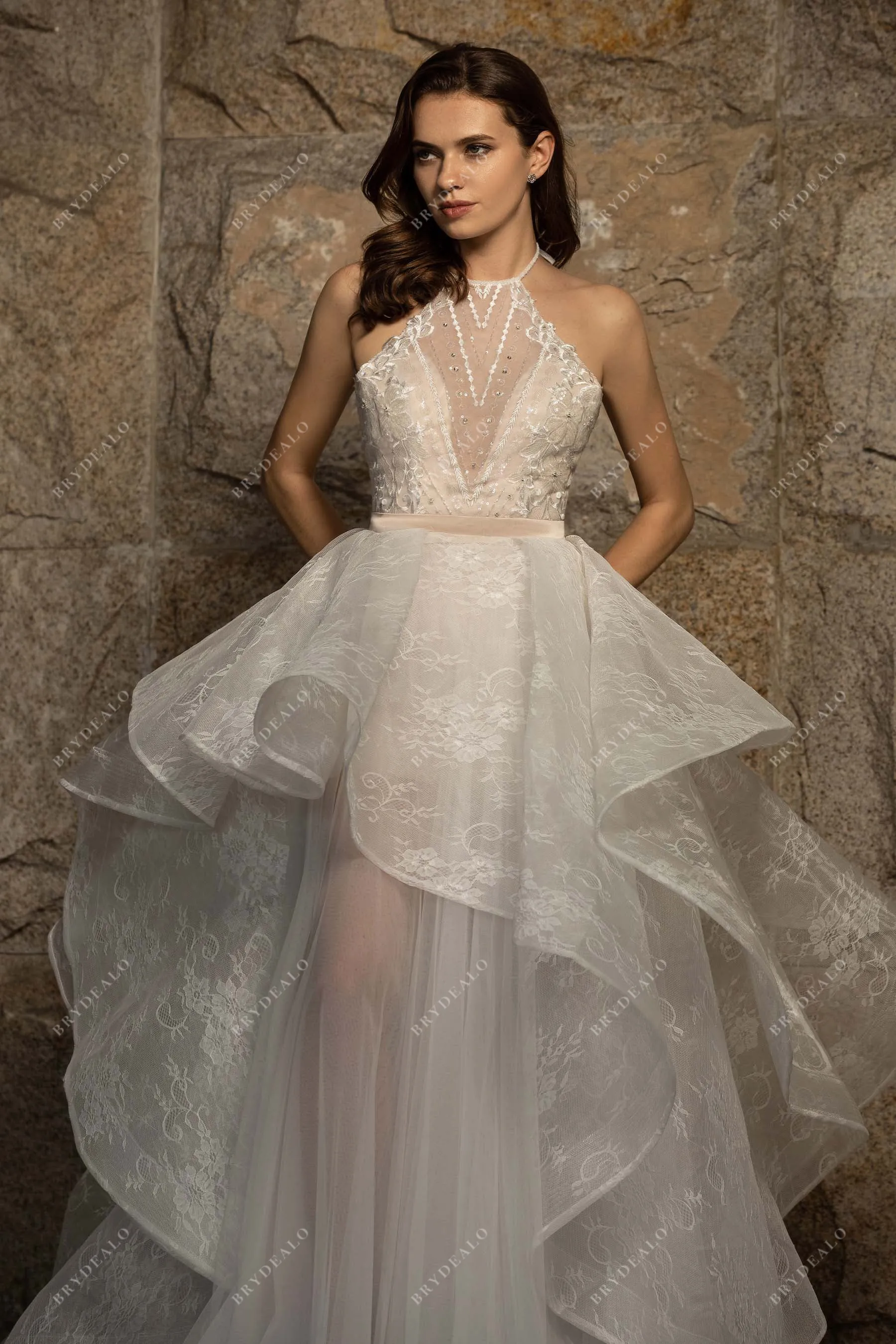 Stylish 2-in-1 Beaded Lace Designer Nude Pink Wedding Ball Gown