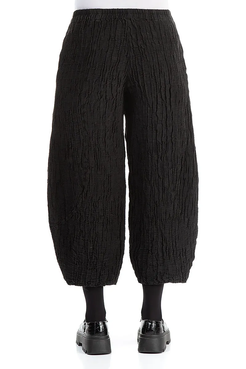 Taper Crinkled Black Silk Linen Trousers