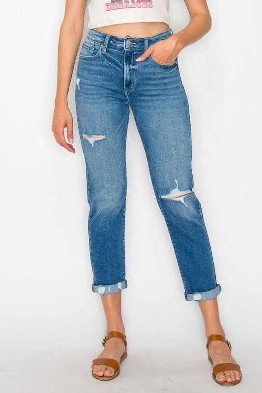 Tapered Leg Stone Wash High Rise Jeans