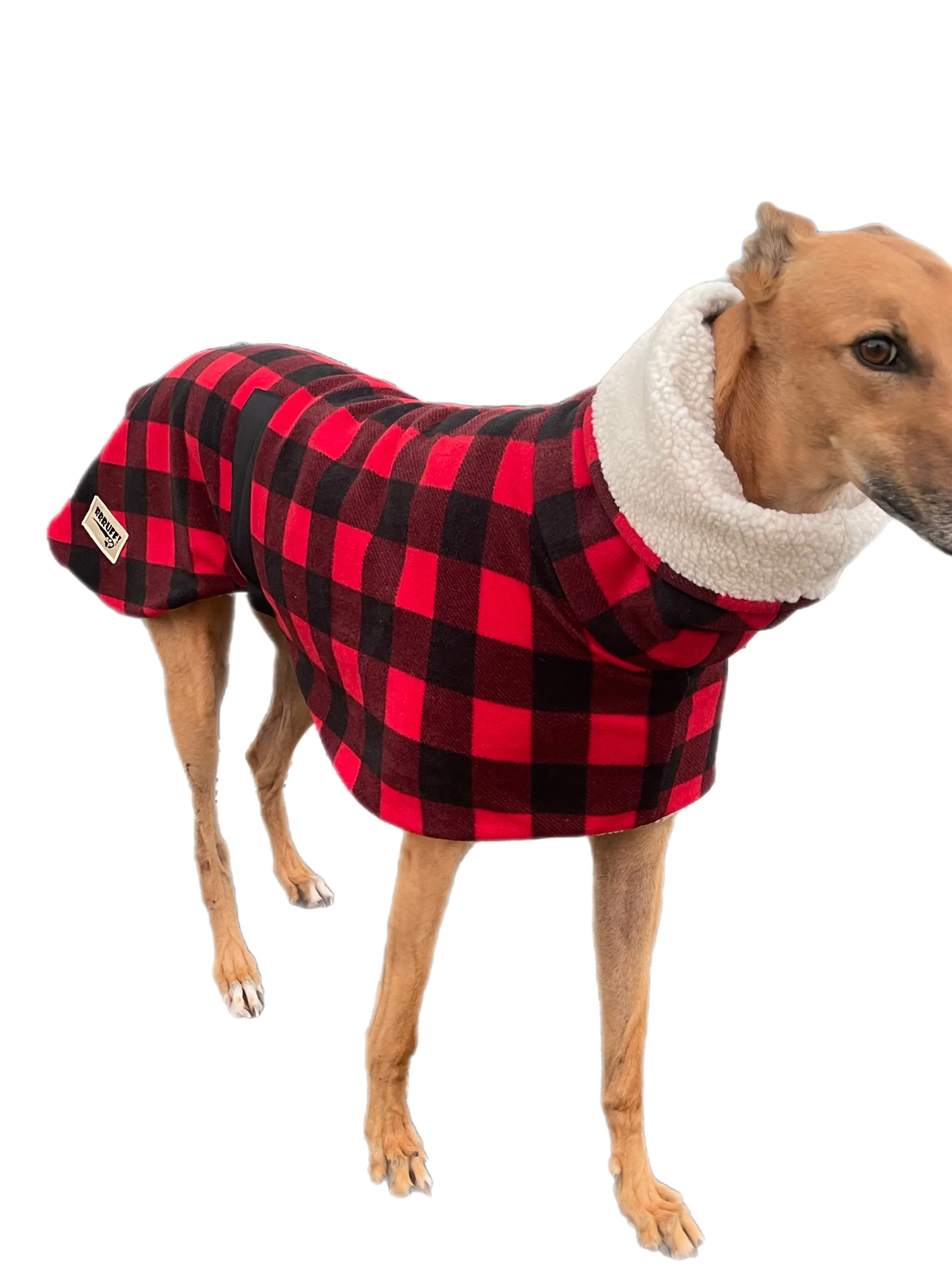 The red Lumberjack Greyhound coat in deluxe style rug red black tartan check  polar fleece washable extra wide neck