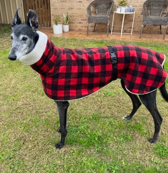 The red Lumberjack Greyhound coat in deluxe style rug red black tartan check  polar fleece washable extra wide neck