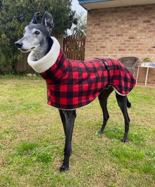 The red Lumberjack Greyhound coat in deluxe style rug red black tartan check  polar fleece washable extra wide neck