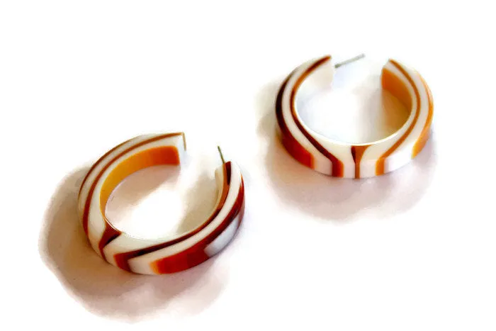 Tortoise Brown & White Striped & Marbled Hoop Earrings