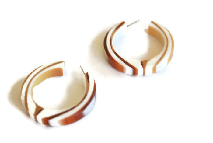 Tortoise Brown & White Striped & Marbled Hoop Earrings