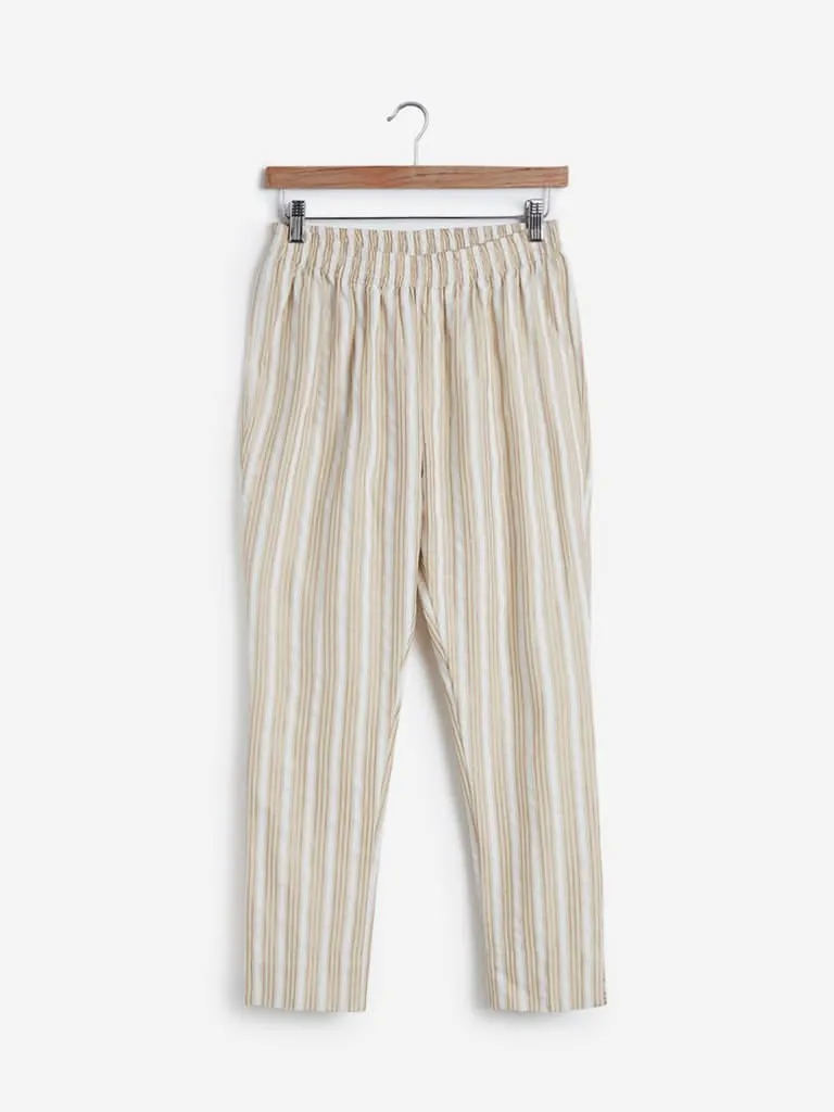 Utsa Off White Striped Cropped Ethnic Pants