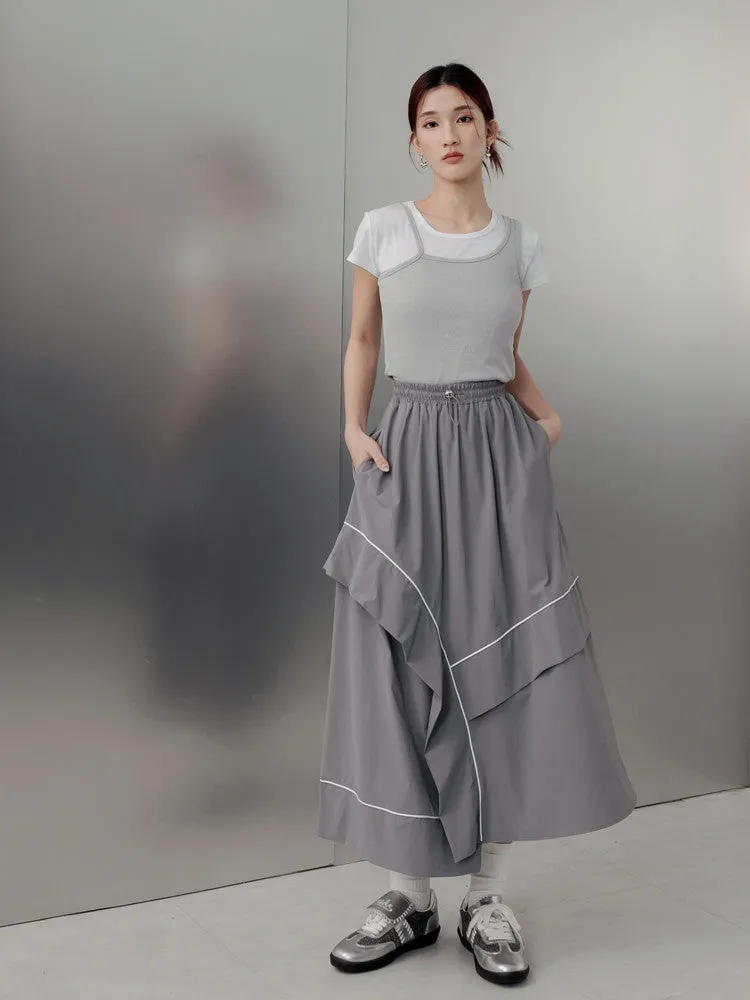 UV Protection Cooling Long Ruffle Drawstring Maxi Skirt