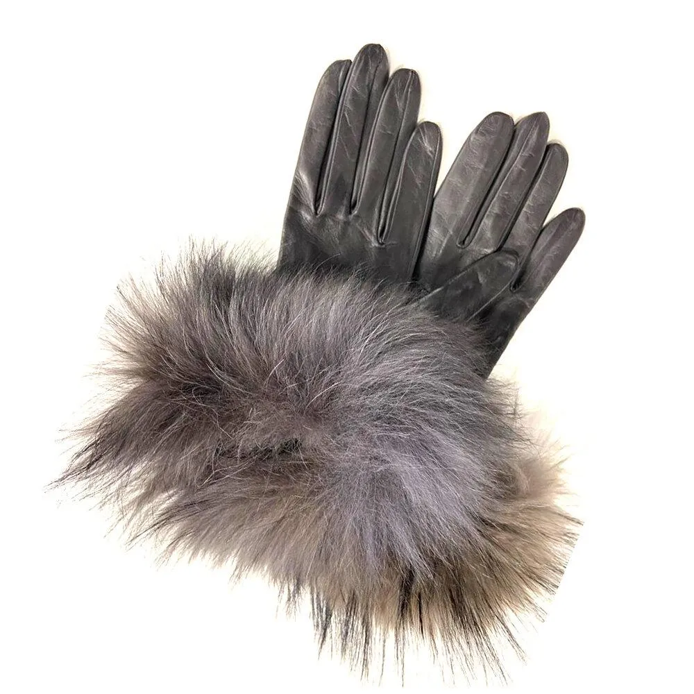 Veronique Massive Long - Women's Silk Lined Leather Gloves With Fox Fur Cuff