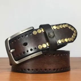 Vintage Retro Bronze Circle Rivets Studded Leather Belt