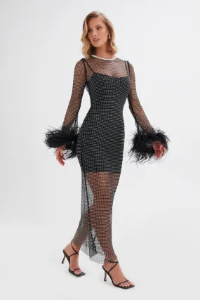 VIVIENNE Rhinestone Embellished Feather Dress in Black