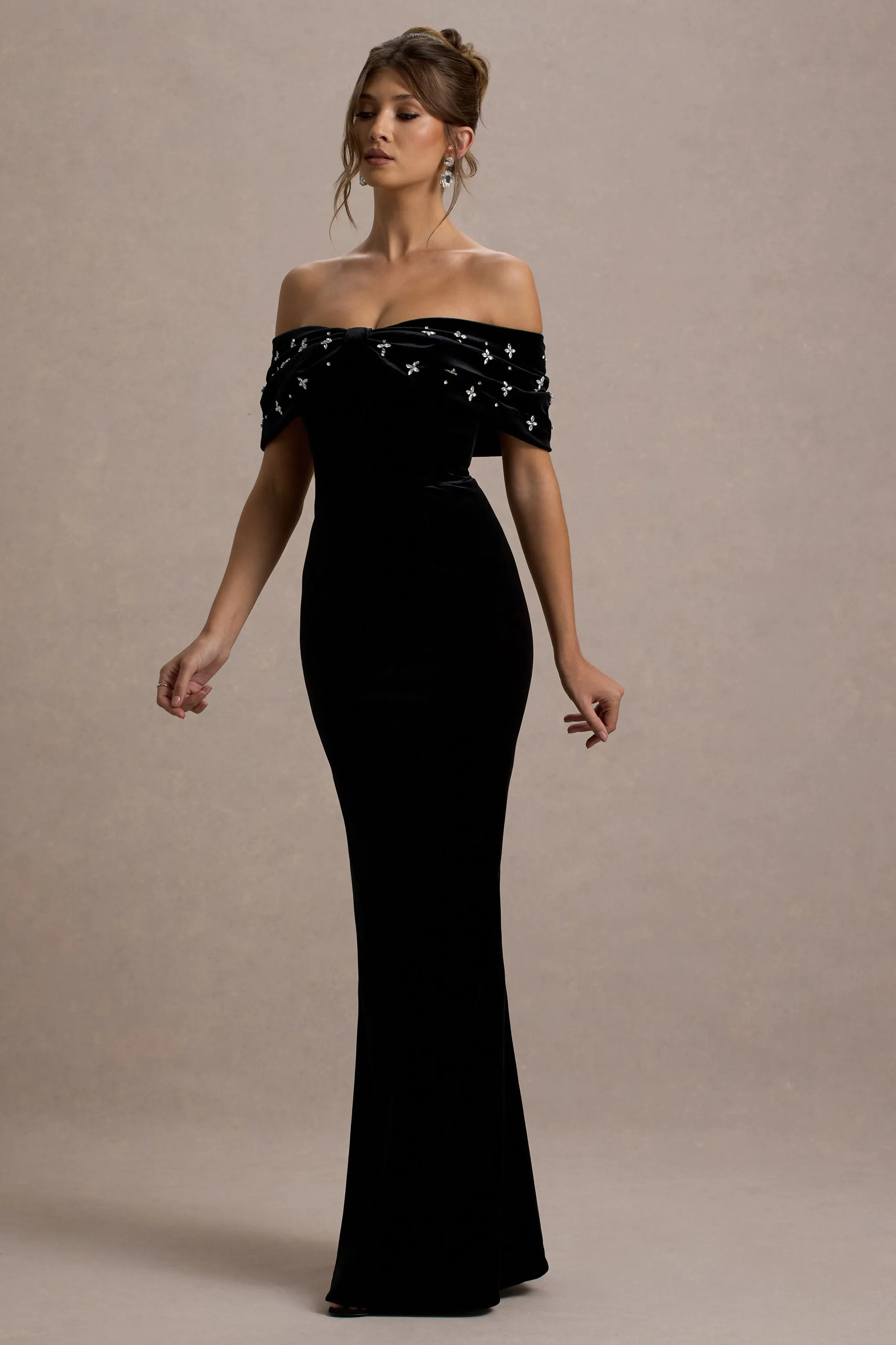 West End | Black Velvet Embellished Bardot Maxi Dress