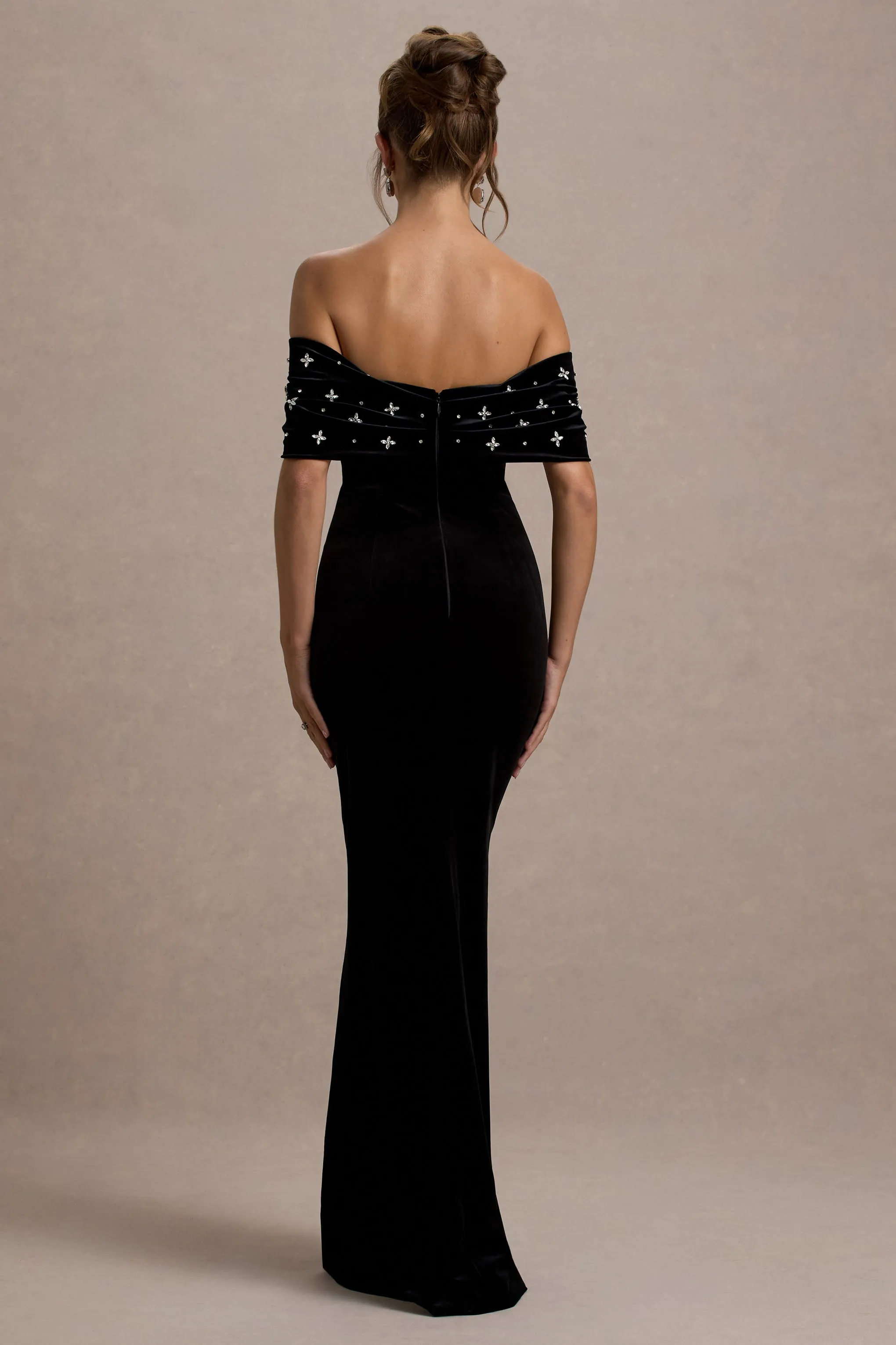 West End | Black Velvet Embellished Bardot Maxi Dress