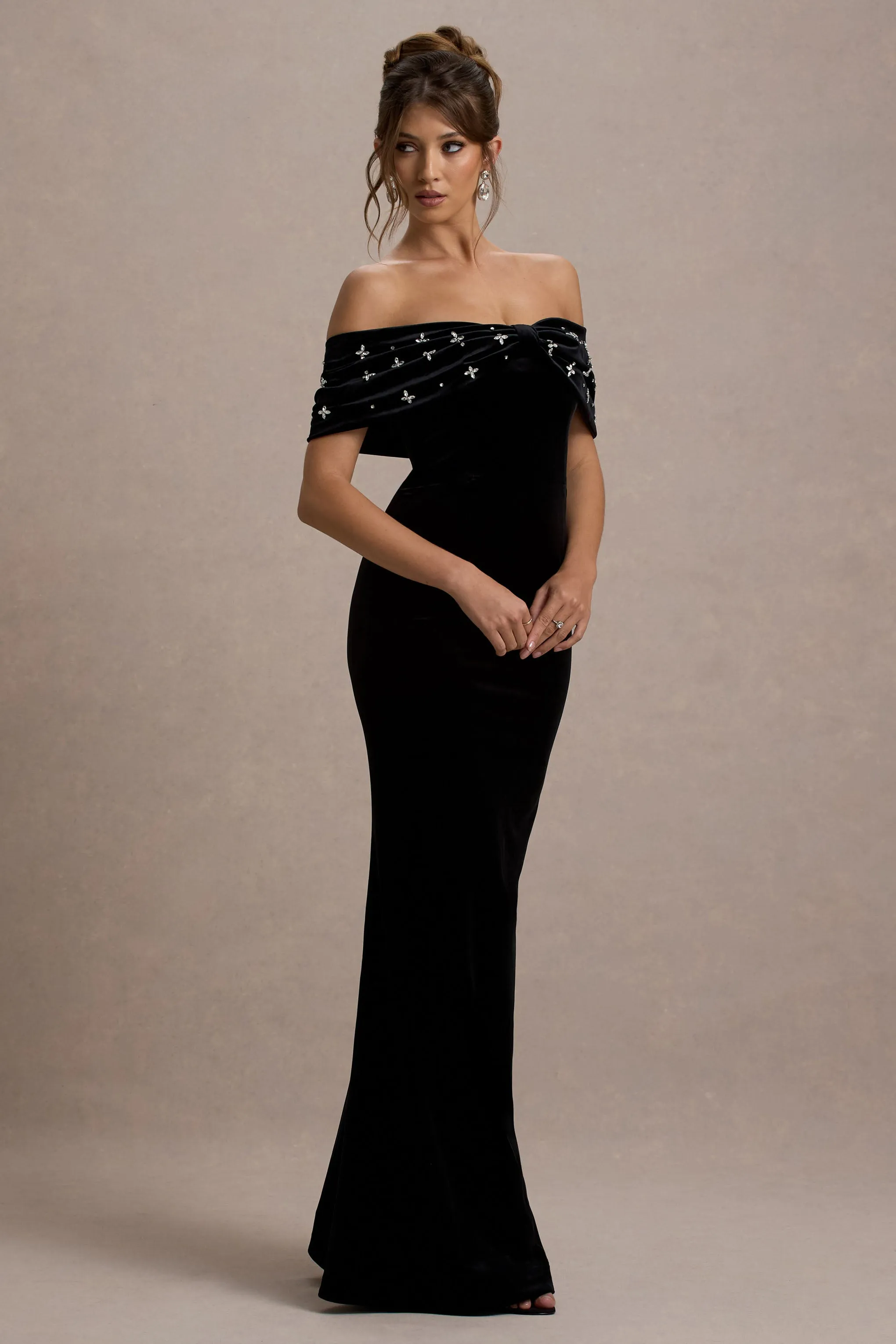 West End | Black Velvet Embellished Bardot Maxi Dress