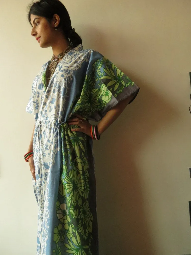 White Blue Leafy V-Neck, Ankle Length, Cinched Waist Caftan