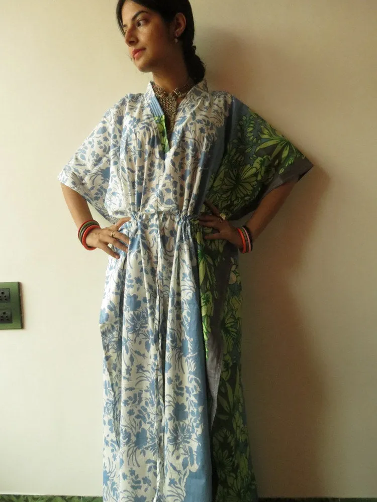 White Blue Leafy V-Neck, Ankle Length, Cinched Waist Caftan