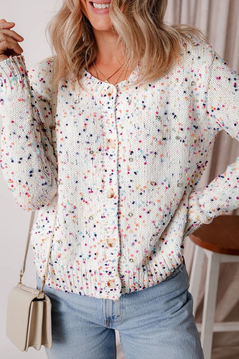 White Rhinestone Decor Multicolor Confetti Sweater Cardigan