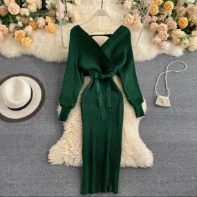 Wjczt Sparkling Knitted Party Dress Women Elegant Batwing Sleeve V-Neck Slim Green Vintage Sweater Dresses Ladies Sexy Bandage Dress