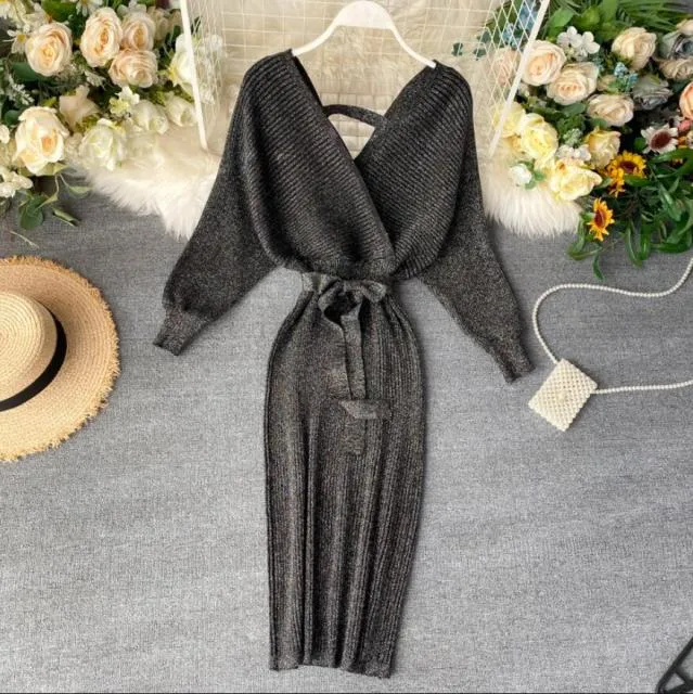 Wjczt Sparkling Knitted Party Dress Women Elegant Batwing Sleeve V-Neck Slim Green Vintage Sweater Dresses Ladies Sexy Bandage Dress