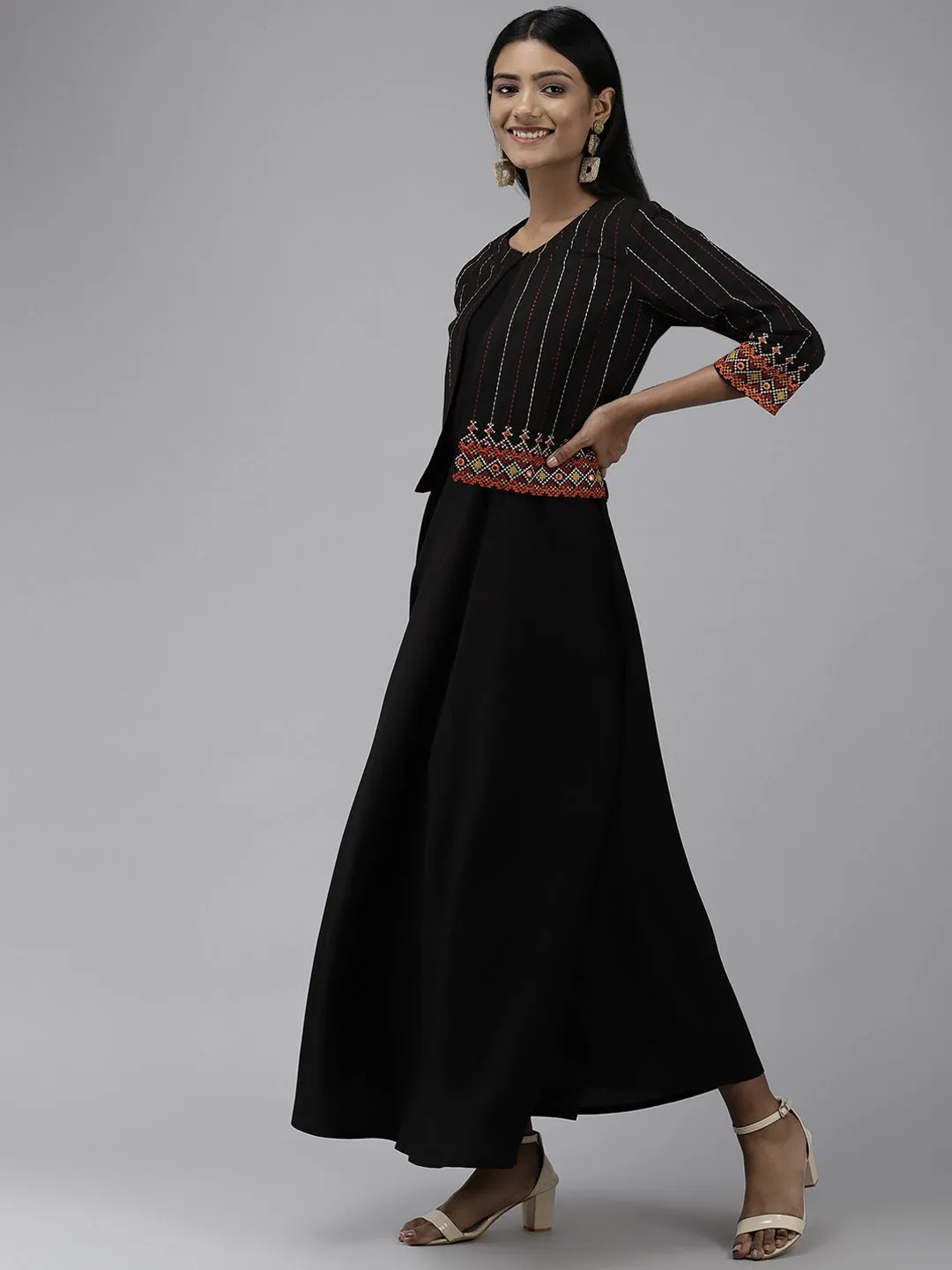 Women Black Ethnic A-Line Maxi Dress With Jacket