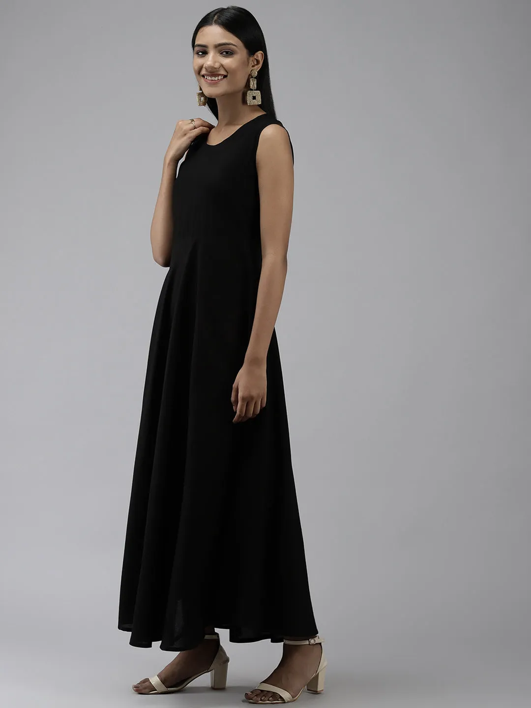 Women Black Ethnic A-Line Maxi Dress With Jacket