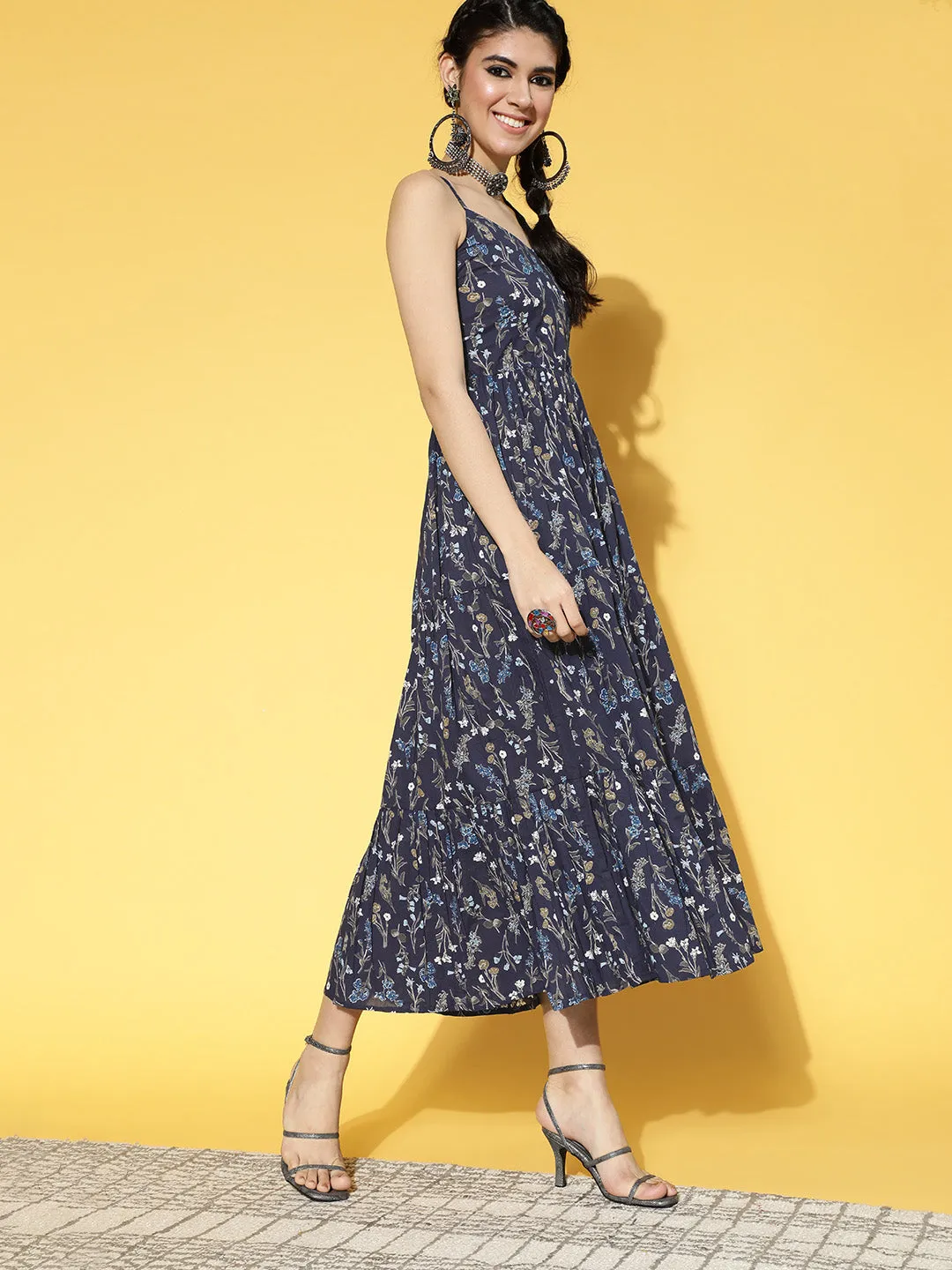 Women Blue & Olive Green Floral Printed Pure Cotton Fit & Flare Dress