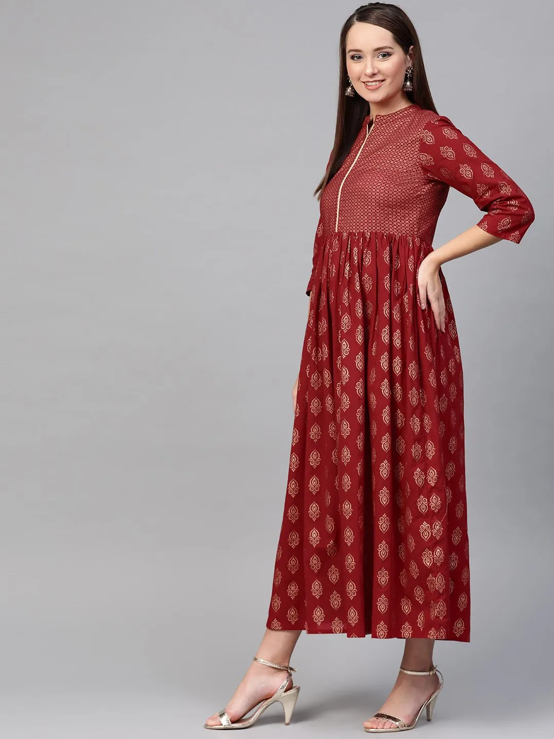 Women Maroon & Gold Ethnic Motifs Printed Maxi Dress