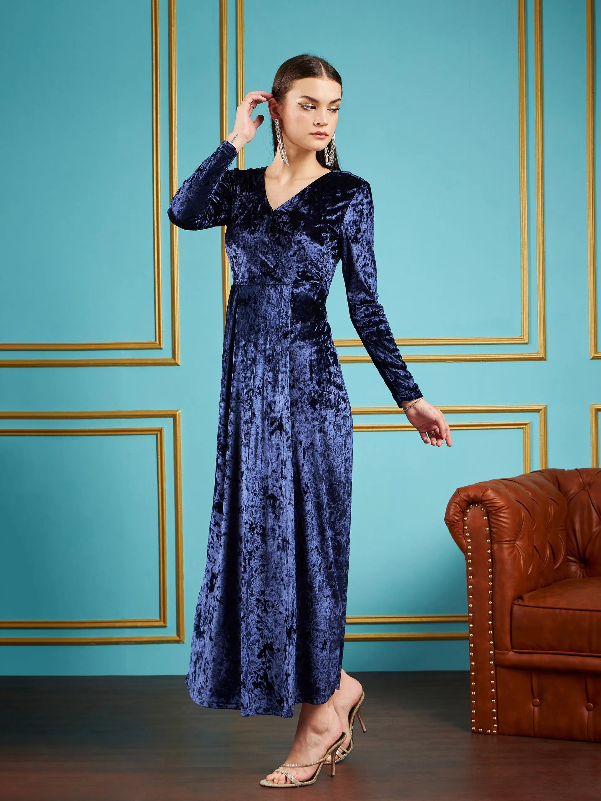 Women Navy Velvet Front Slit Maxi Dress