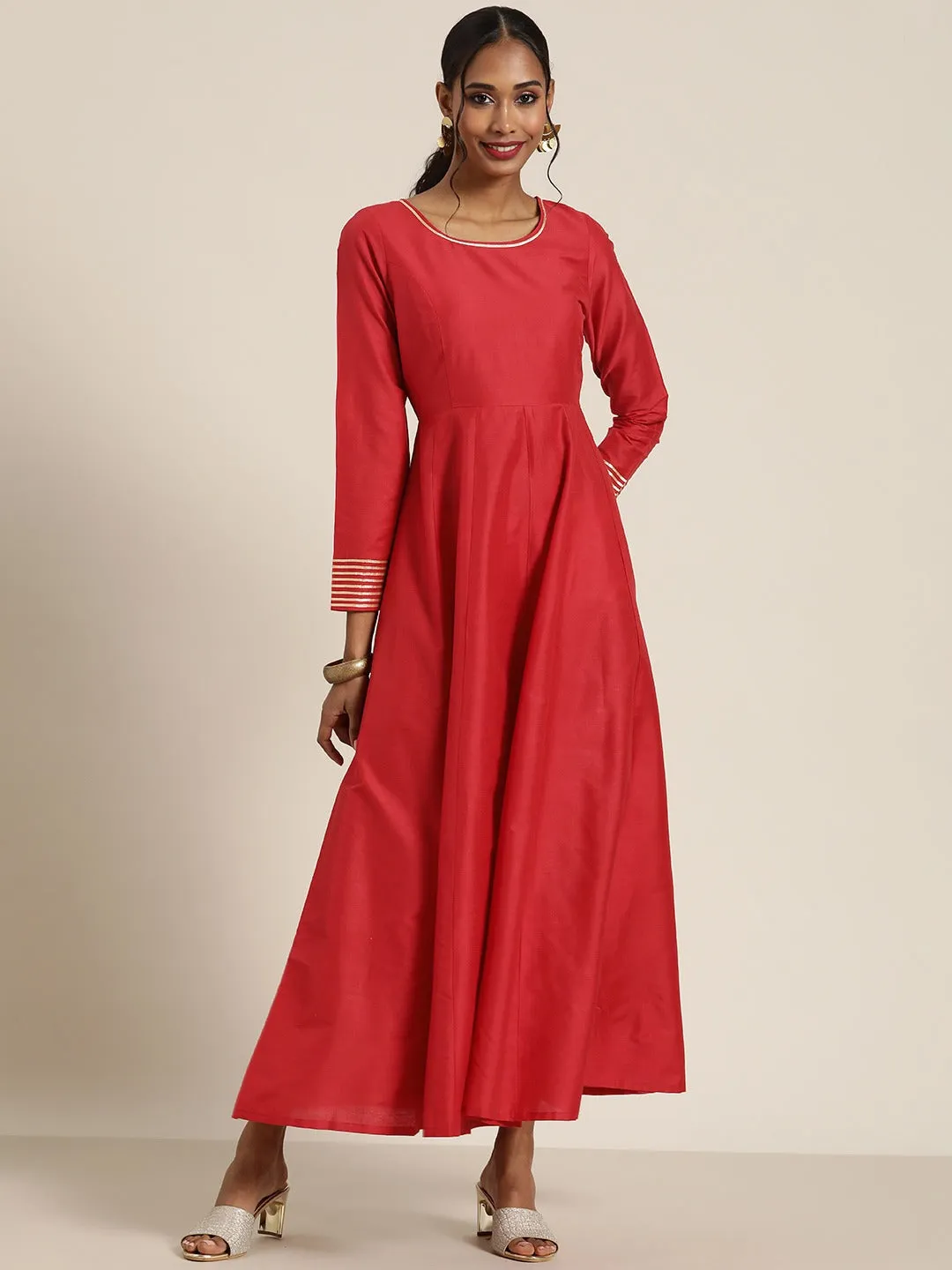 Women Red Gota Detail Anarkali Maxi Dress